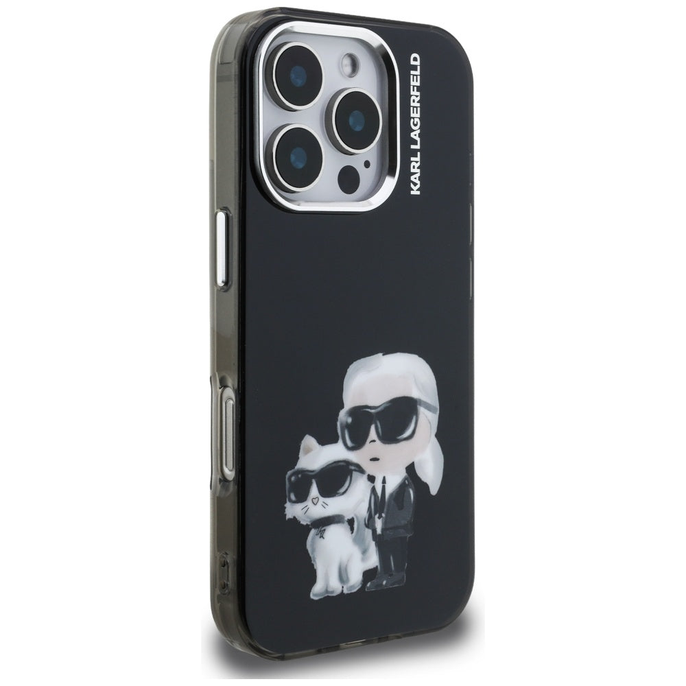 Funda para Apple iPhone 16 Pro Max, Karl Lagerfeld, IML Aquarelle Logo Karl & Choupette, Negra