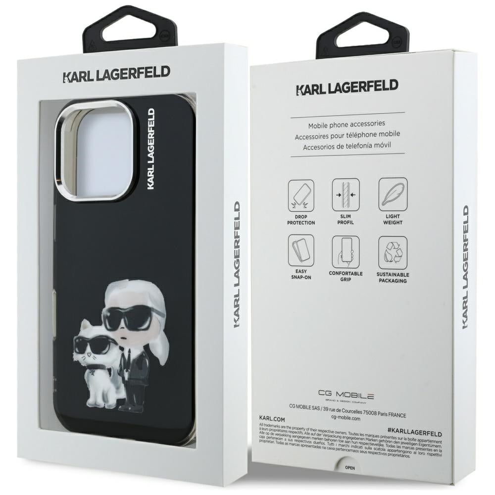 Funda para Apple iPhone 16 Pro Max, Karl Lagerfeld, IML Aquarelle Logo Karl & Choupette, Negra