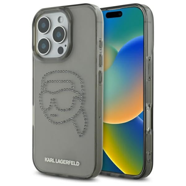 Funda para Apple iPhone 16 Pro Max, Karl Lagerfeld, IML Rhinestones Karl's Head, Negra