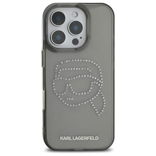 Funda para Apple iPhone 16 Pro Max, Karl Lagerfeld, IML Rhinestones Karl's Head, Negra