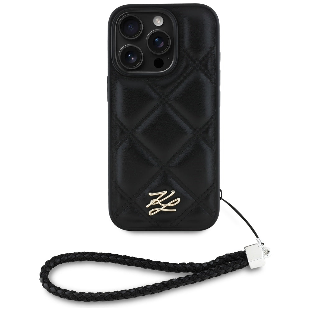 Funda para Apple iPhone 16 Pro Max, Karl Lagerfeld, Quilted Initial Logo & Chain Strap, Negra
