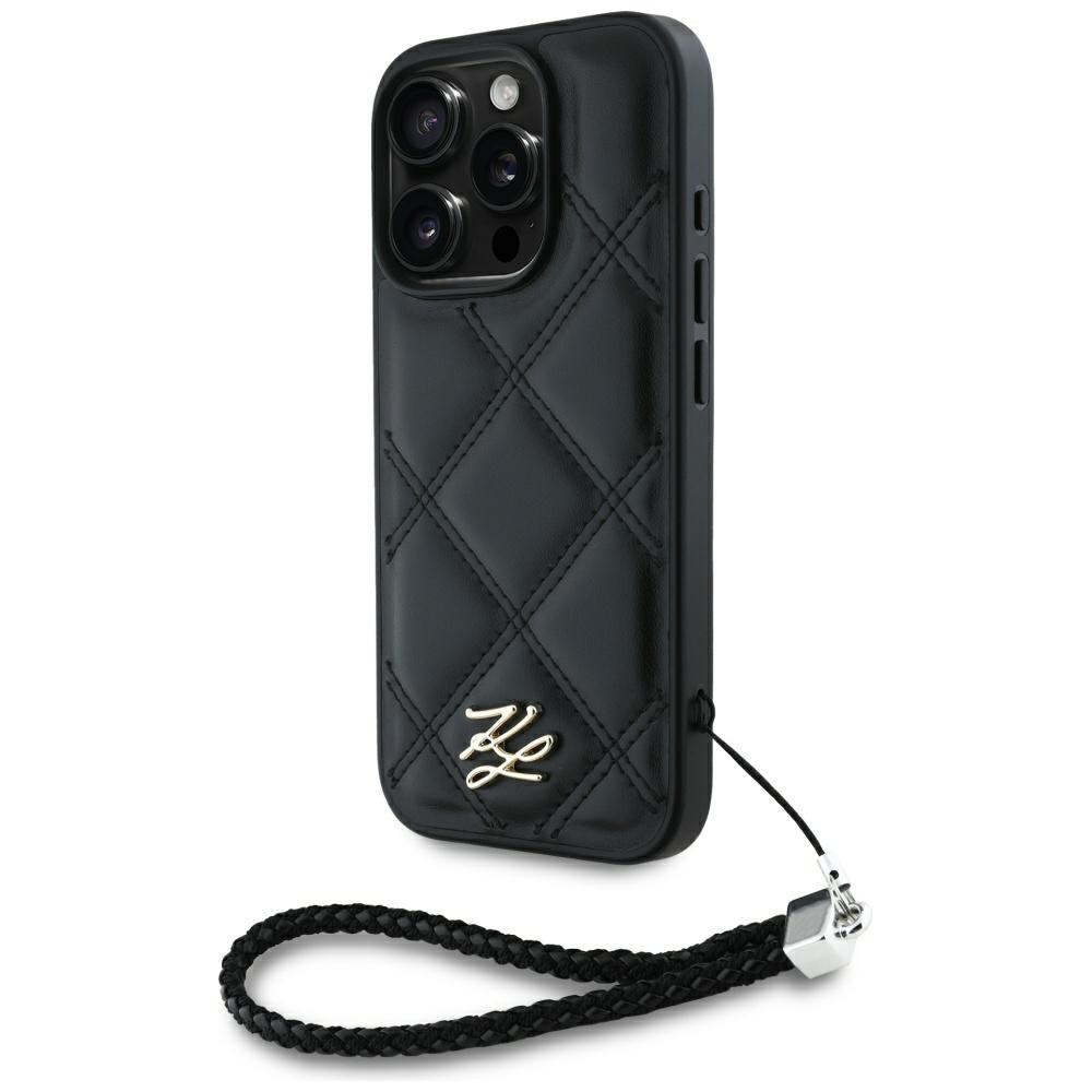 Funda para Apple iPhone 16 Pro Max, Karl Lagerfeld, Quilted Initial Logo & Chain Strap, Negra