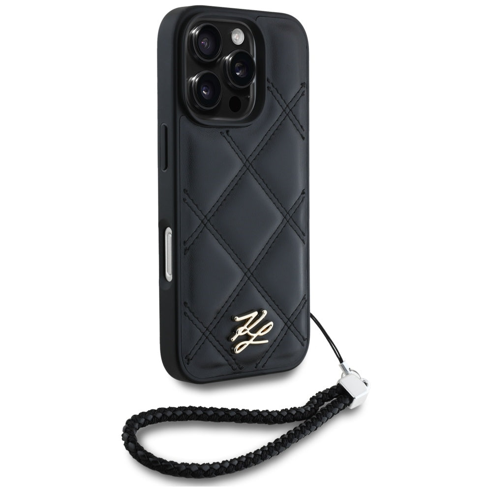 Funda para Apple iPhone 16 Pro Max, Karl Lagerfeld, Quilted Initial Logo & Chain Strap, Negra