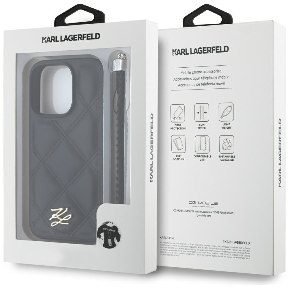 Funda para Apple iPhone 16 Pro Max, Karl Lagerfeld, Quilted Initial Logo & Chain Strap, Negra