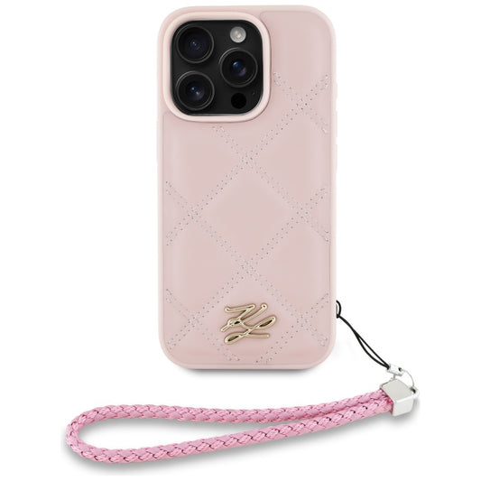 Funda para Apple iPhone 16 Pro Max, Karl Lagerfeld, Quilted Initial Logo & Chain Strap, Rosa