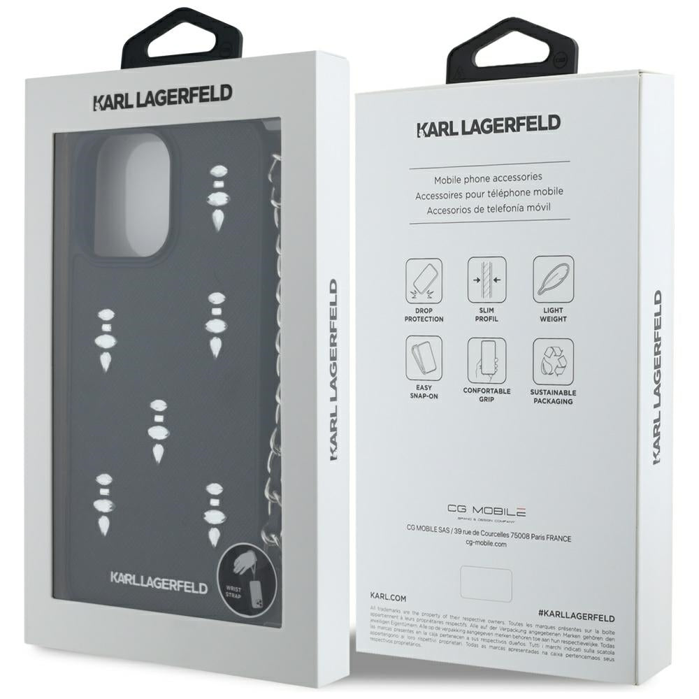 Funda para Apple iPhone 16 Pro Max, Karl Lagerfeld, Saffiano Crystals & Charm, Negra