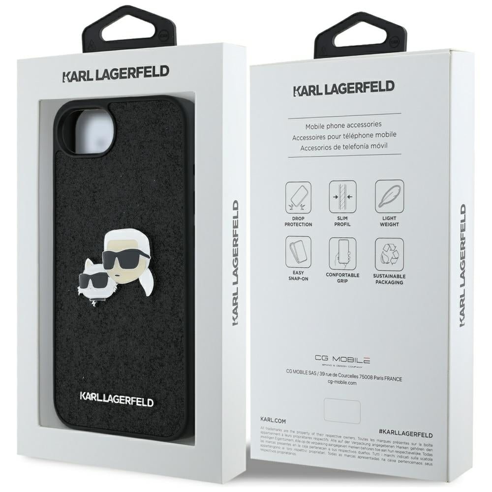 Funda para Apple iPhone 17e / 16e, Karl Lagerfeld, Glitter Fixed Karl & Choupette's Heads, Negra