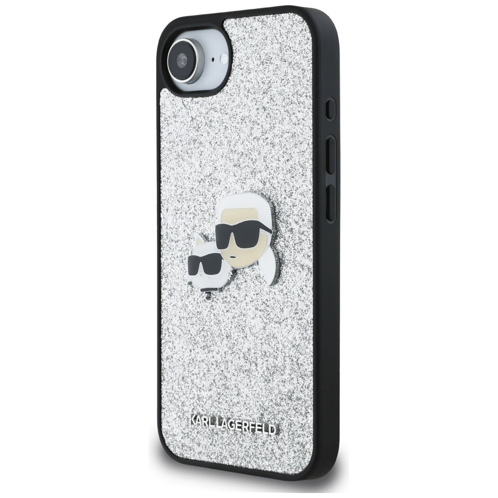 Case for Apple iPhone 17e / 16e, Karl Lagerfeld, Glitter Fixed Karl & Choupette's Heads, Silver