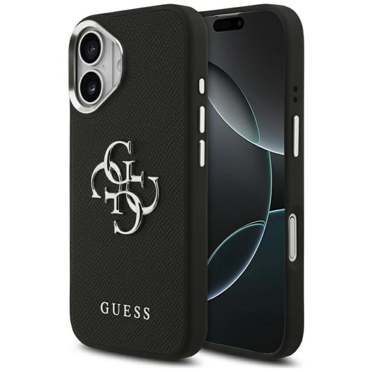 Funda para Apple iPhone 17, Guess, 4G Grained Big and Classic Logo, Negra Plateada