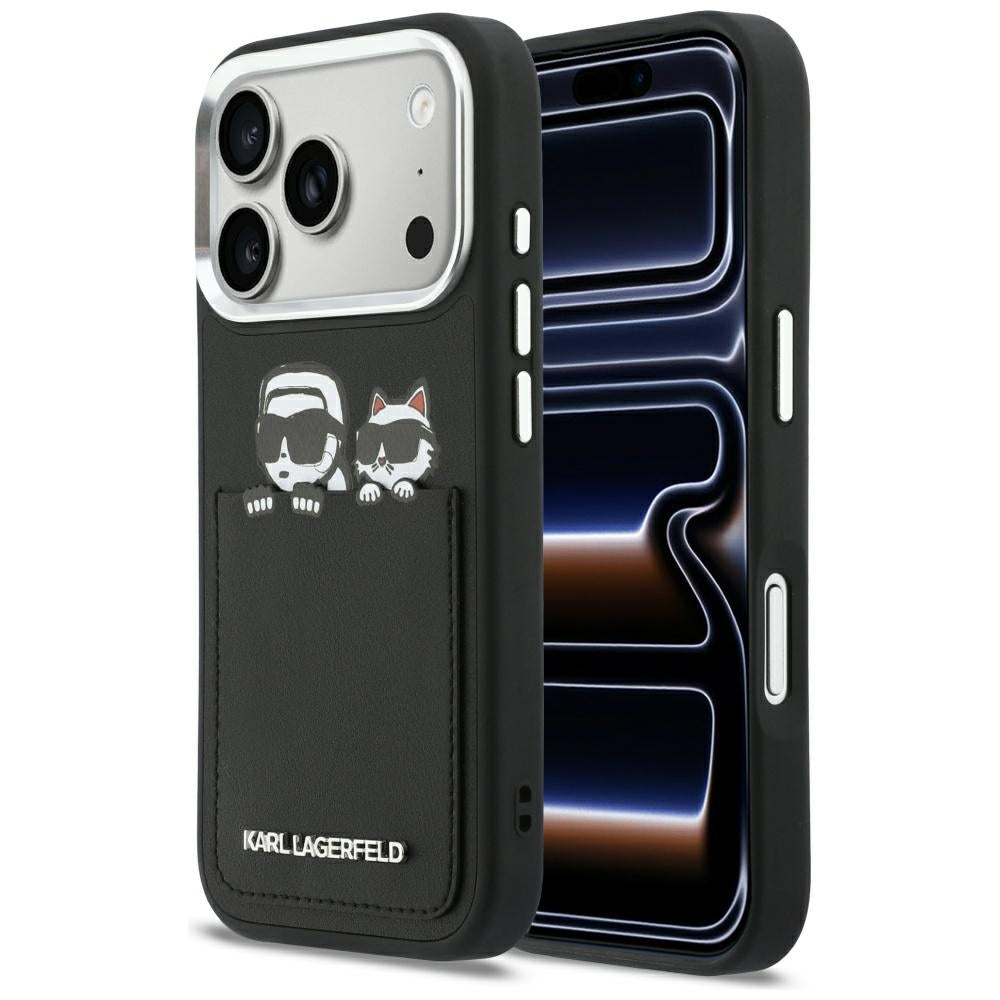 Funda para Apple iPhone 17 Pro, Karl Lagerfeld, Karl & Choupette Print with Pocket, Negra