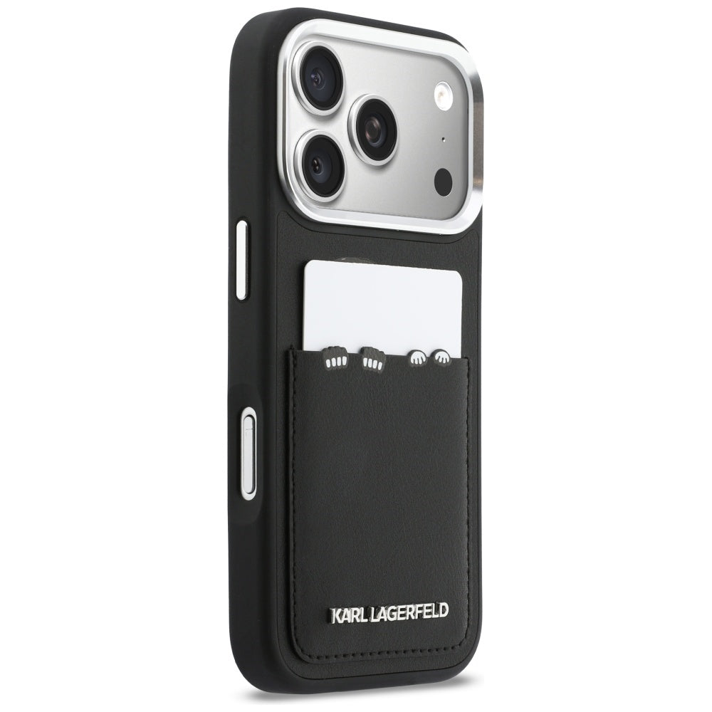 Funda para Apple iPhone 17 Pro, Karl Lagerfeld, Karl & Choupette Print with Pocket, Negra