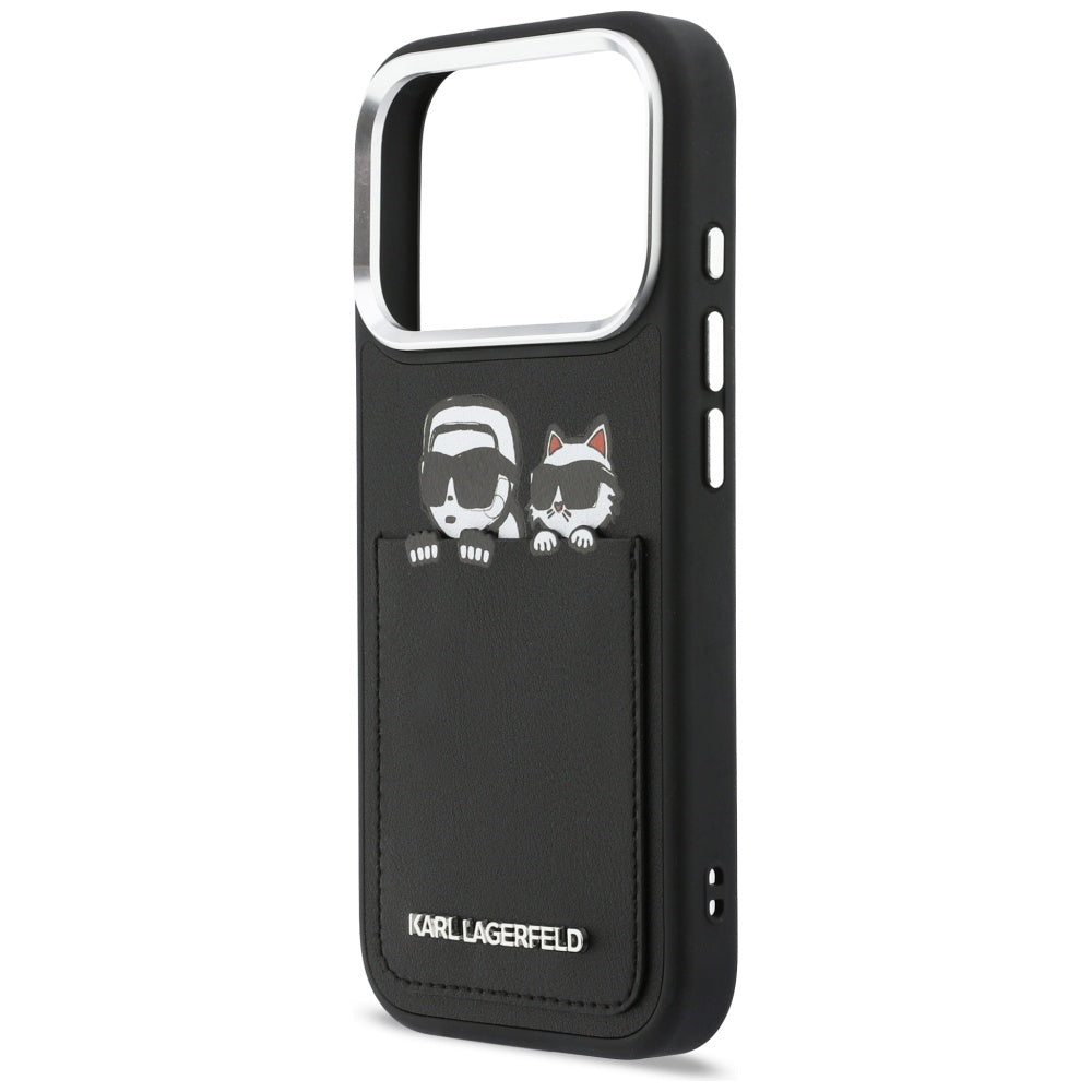 Funda para Apple iPhone 17 Pro, Karl Lagerfeld, Karl & Choupette Print with Pocket, Negra