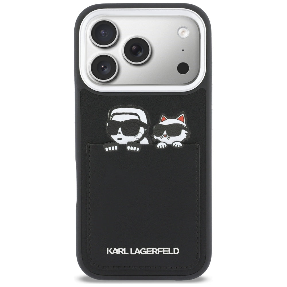 Funda para Apple iPhone 17 Pro, Karl Lagerfeld, Karl & Choupette Print with Pocket, Negra