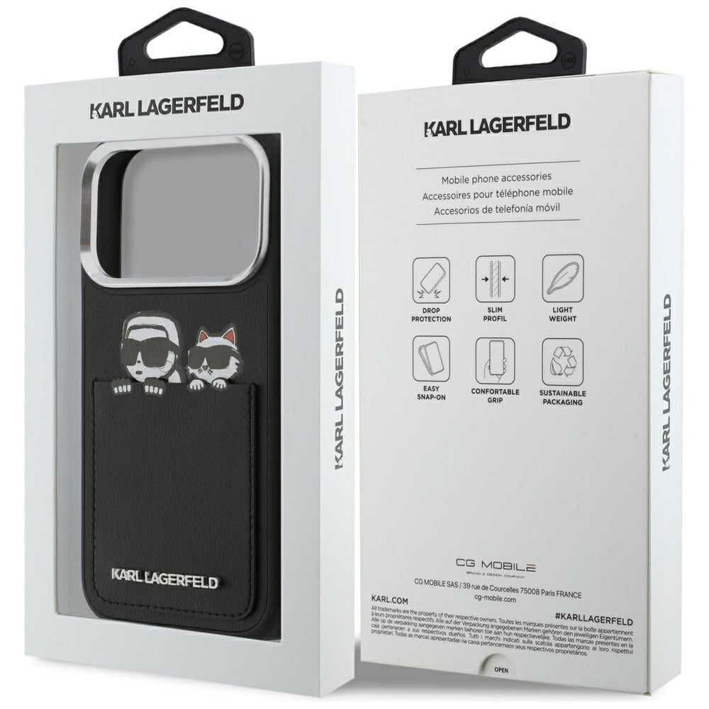Funda para Apple iPhone 17 Pro, Karl Lagerfeld, Karl & Choupette Print with Pocket, Negra