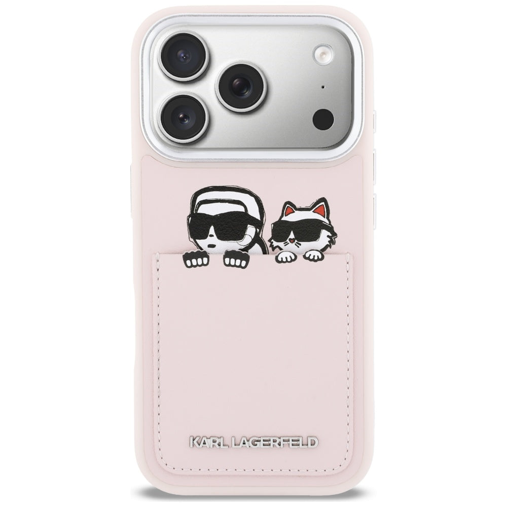 Funda para Apple iPhone 17 Pro, Karl Lagerfeld, Karl & Choupette Print with Pocket, Rosa