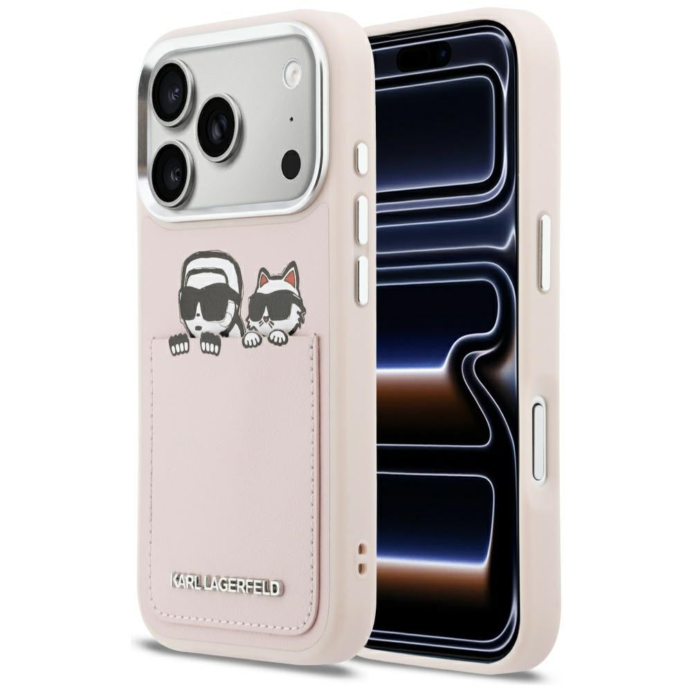 Funda para Apple iPhone 17 Pro, Karl Lagerfeld, Karl & Choupette Print with Pocket, Rosa