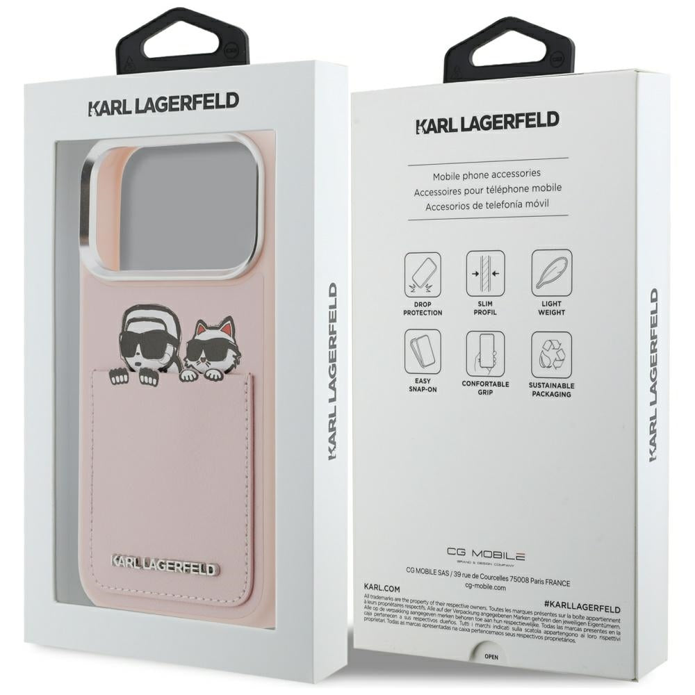 Funda para Apple iPhone 17 Pro, Karl Lagerfeld, Karl & Choupette Print with Pocket, Rosa