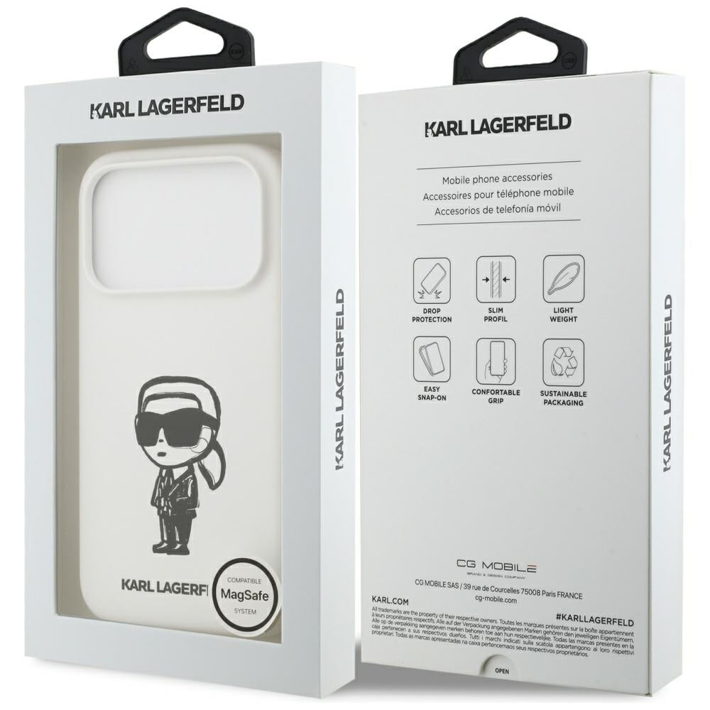 Funda para Apple iPhone 17 Pro, Karl Lagerfeld, Sketch and Logo Karl, Blanca