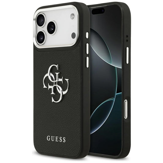 Funda para Apple iPhone 17 Pro Max, Guess, 4G Grained Big and Classic Logo, Negra Plateada