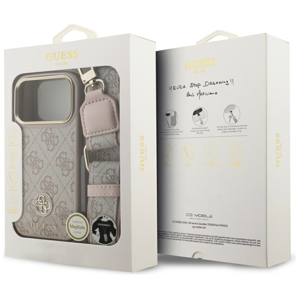 Funda para Apple iPhone 17 Pro Max, Guess, 4G Strass Logo y Big Strap, Rosa