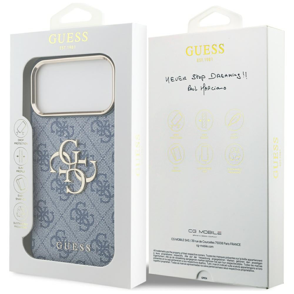 Funda para Apple iPhone 17 Pro Max, Guess, Big 4G Logo Classic, Azul Dorado.