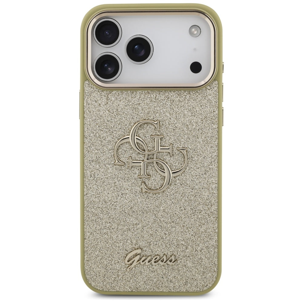 Funda para Apple iPhone 17 Pro Max, Guess, Fixed Glitter Big 4G Metal Frame, Dorada