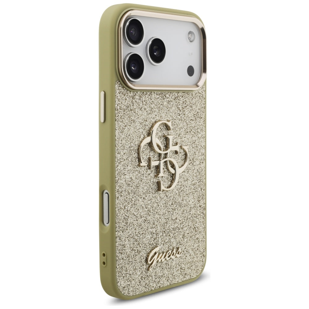 Funda para Apple iPhone 17 Pro Max, Guess, Fixed Glitter Big 4G Metal Frame, Dorada