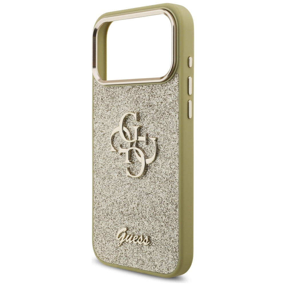 Funda para Apple iPhone 17 Pro Max, Guess, Fixed Glitter Big 4G Metal Frame, Dorada