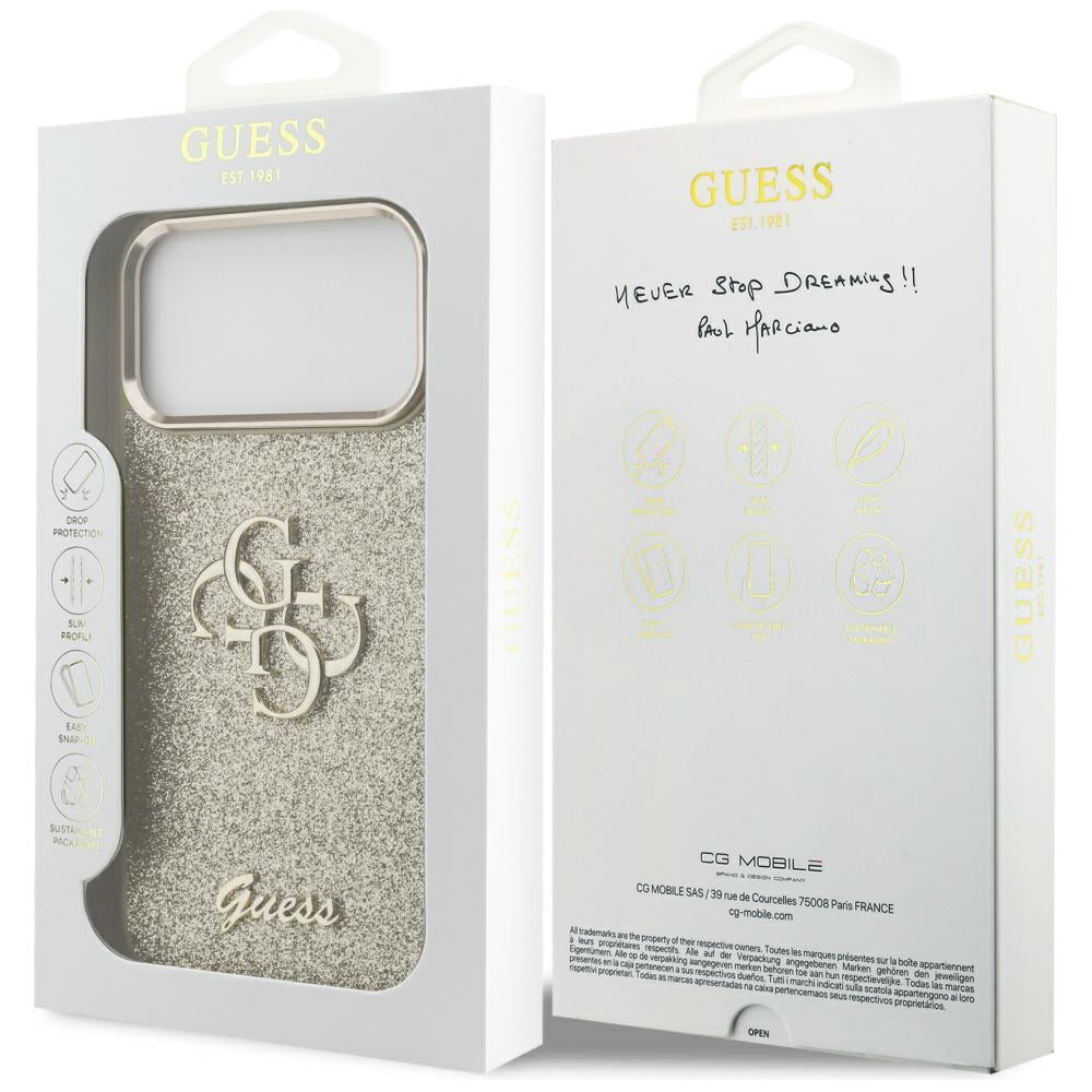 Funda para Apple iPhone 17 Pro Max, Guess, Fixed Glitter Big 4G Metal Frame, Dorada