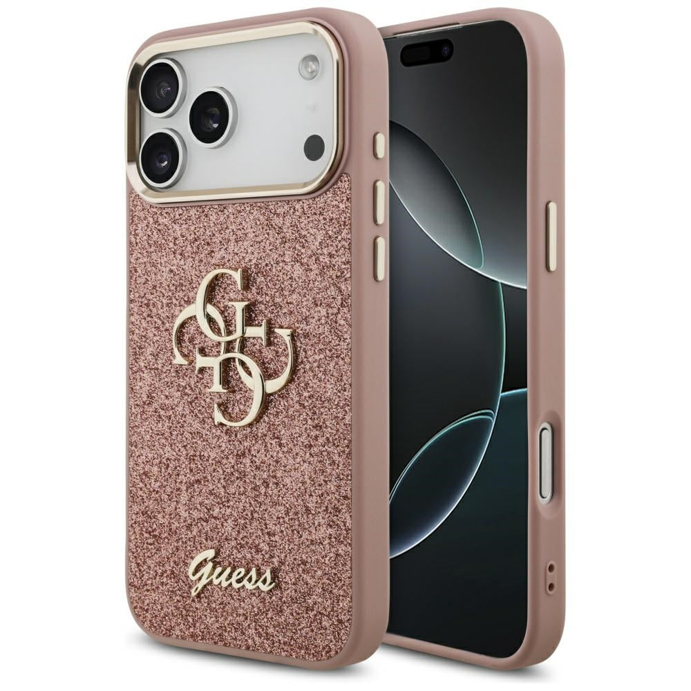 Funda para Apple iPhone 17 Pro Max, Guess, Fixed Glitter Big 4G Metal Frame, Rosa