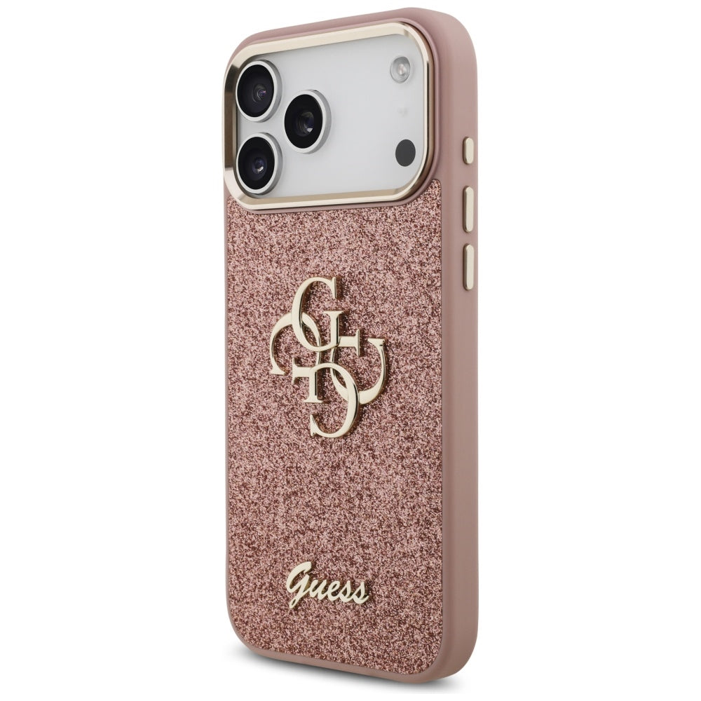 Funda para Apple iPhone 17 Pro Max, Guess, Fixed Glitter Big 4G Metal Frame, Rosa