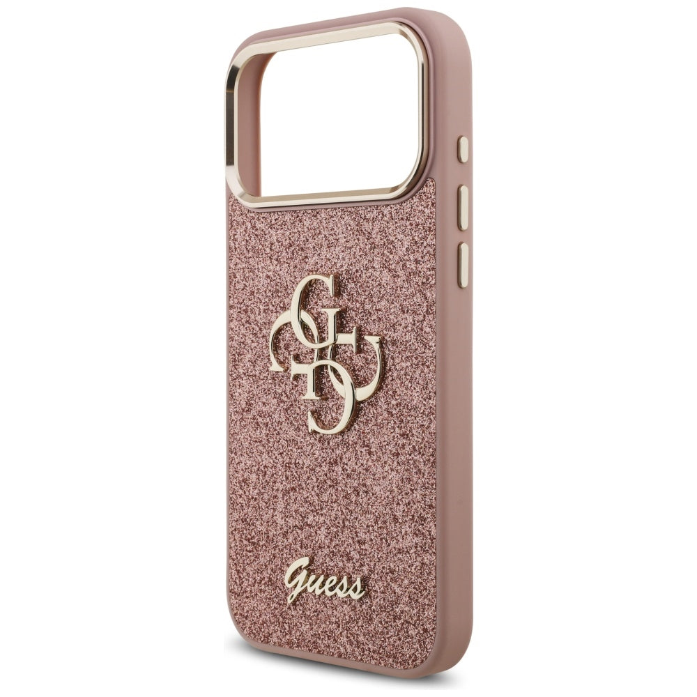 Funda para Apple iPhone 17 Pro Max, Guess, Fixed Glitter Big 4G Metal Frame, Rosa