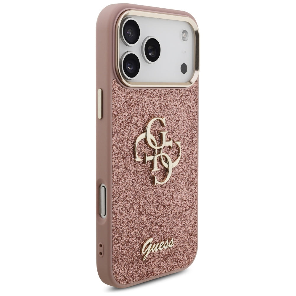 Funda para Apple iPhone 17 Pro Max, Guess, Fixed Glitter Big 4G Metal Frame, Rosa