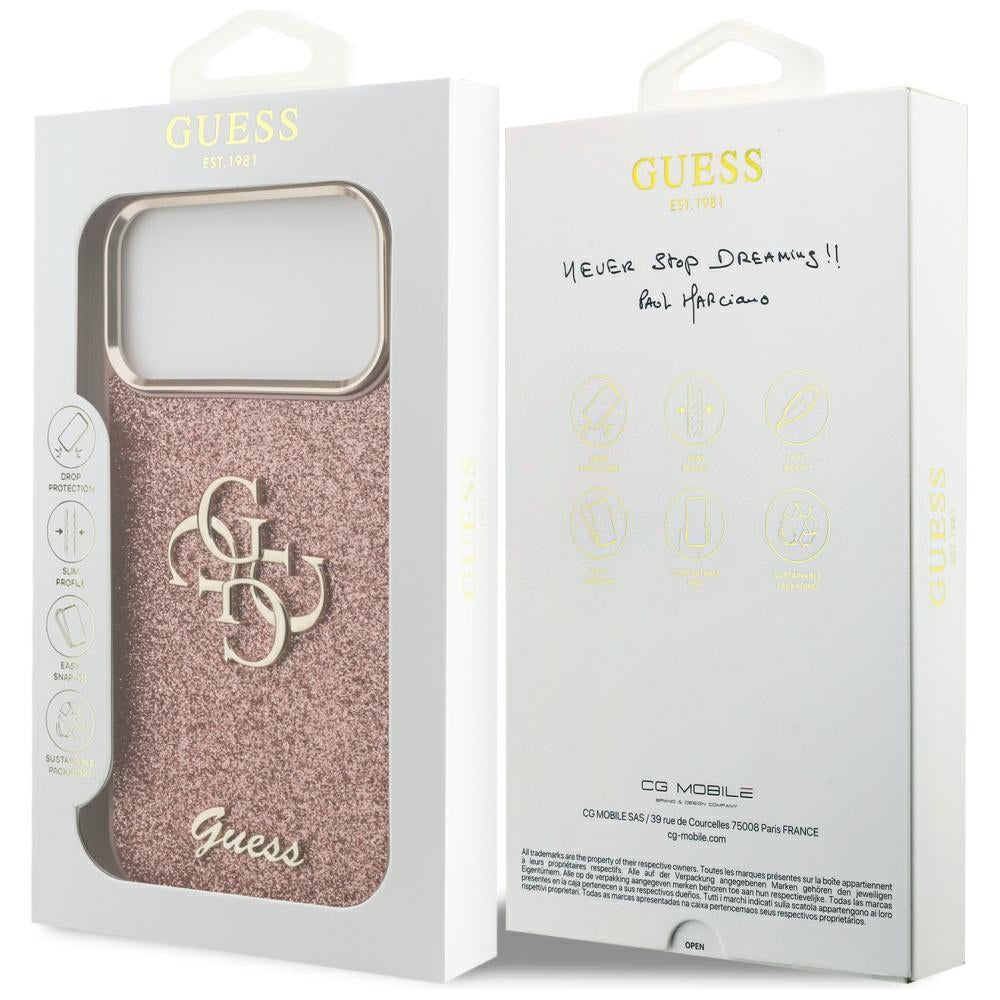 Funda para Apple iPhone 17 Pro Max, Guess, Fixed Glitter Big 4G Metal Frame, Rosa