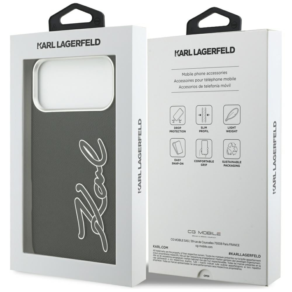 Funda para Apple iPhone 17 Pro Max, Karl Lagerfeld, FW Grained Signature Logo, Negra