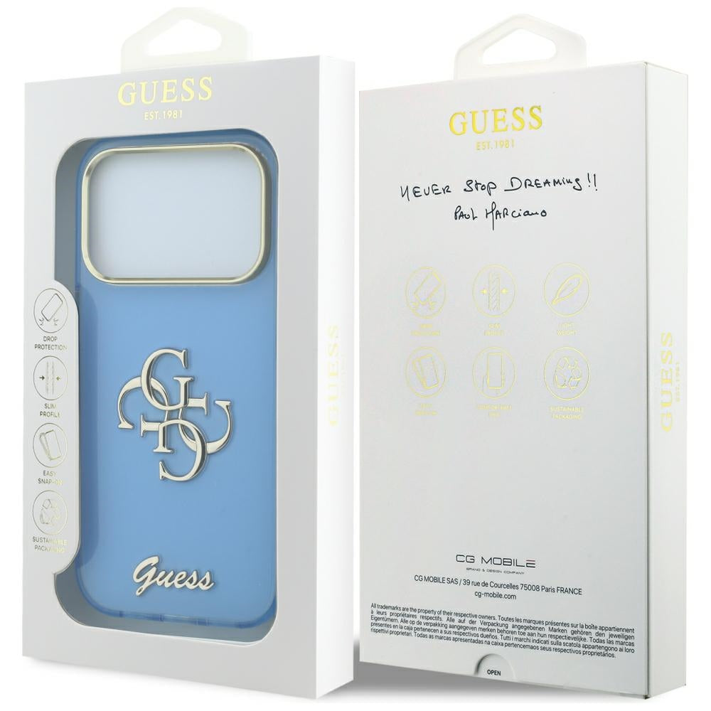 Funda para Apple iPhone 18 Pro / 17 Pro, Guess, IML 4G Metal Script, Azul