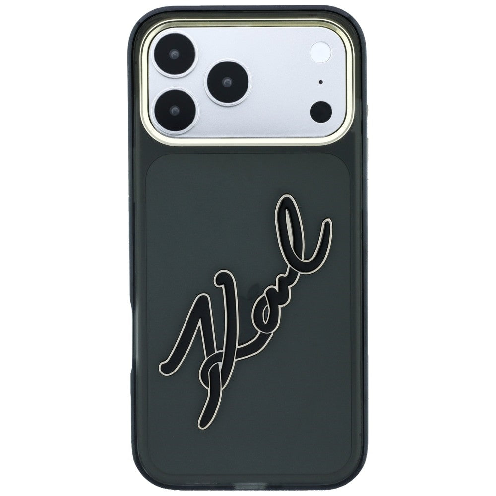 Funda para Apple iPhone 18 Pro / 17 Pro, Karl Lagerfeld, IML Gran Logo de Resina y Marco Metálico, Negra