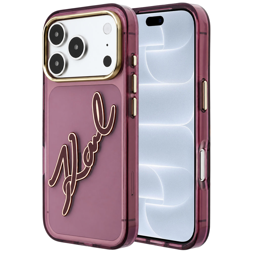 Funda para Apple iPhone 18 Pro / 17 Pro, Karl Lagerfeld, IML Gran Logo de Resina con Firma y Marco Metálico, Burdeos