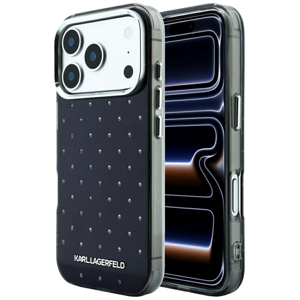 Funda para Apple iPhone 18 Pro / 17 Pro, Karl Lagerfeld, IML con piedras de strass y logo electrochapado, negra