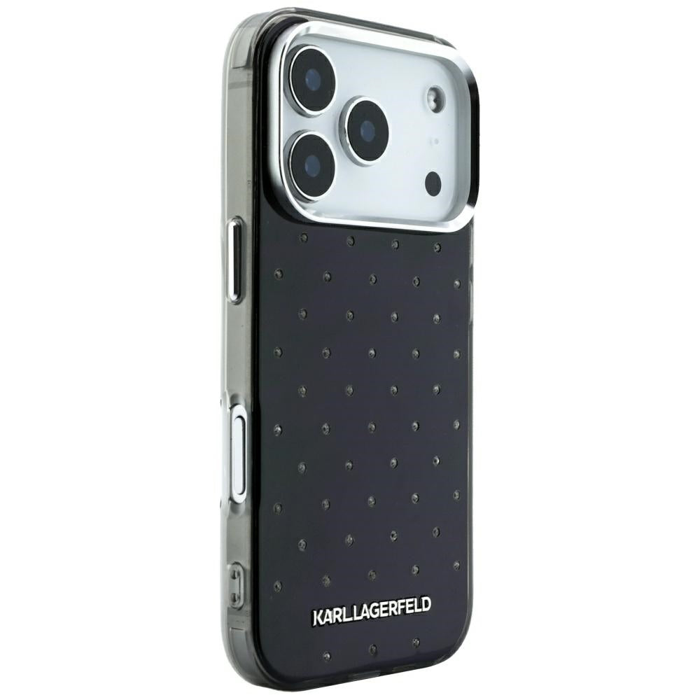 Funda para Apple iPhone 18 Pro / 17 Pro, Karl Lagerfeld, IML con piedras de strass y logo electrochapado, negra