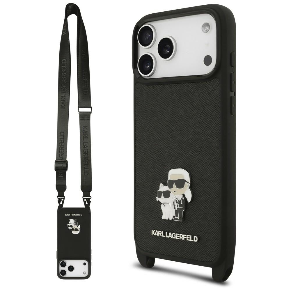 Funda para Apple iPhone 18 Pro / 17 Pro, Karl Lagerfeld, Saffiano Crossbody Metal Pin Karl & Choupette, negra