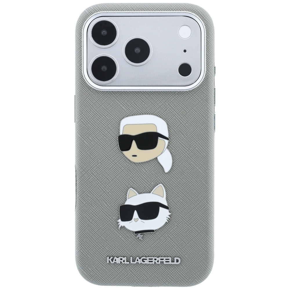 Case for Apple iPhone 18 Pro / 17 Pro, Karl Lagerfeld, Saffiano with Karl & Choupette Head's Pin and Logo, Gray