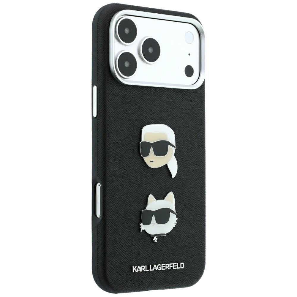 Funda para Apple iPhone 18 Pro / 17 Pro, Karl Lagerfeld, Saffiano con pin de las cabezas de Karl y Choupette y logotipo, negra