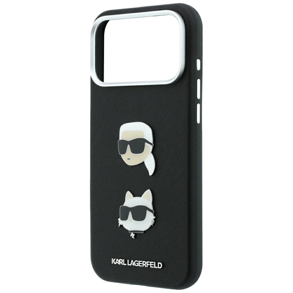 Funda para Apple iPhone 18 Pro / 17 Pro, Karl Lagerfeld, Saffiano con pin de las cabezas de Karl y Choupette y logotipo, negra