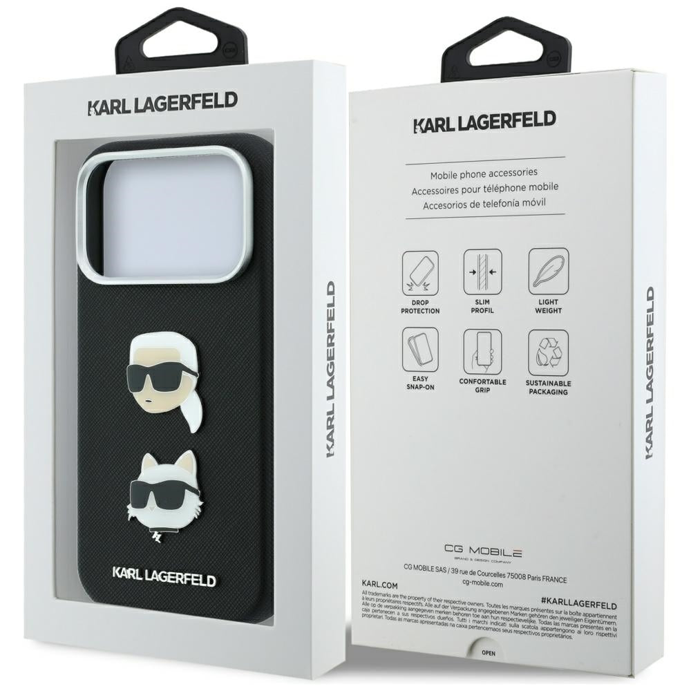 Funda para Apple iPhone 18 Pro / 17 Pro, Karl Lagerfeld, Saffiano con pin de las cabezas de Karl y Choupette y logotipo, negra
