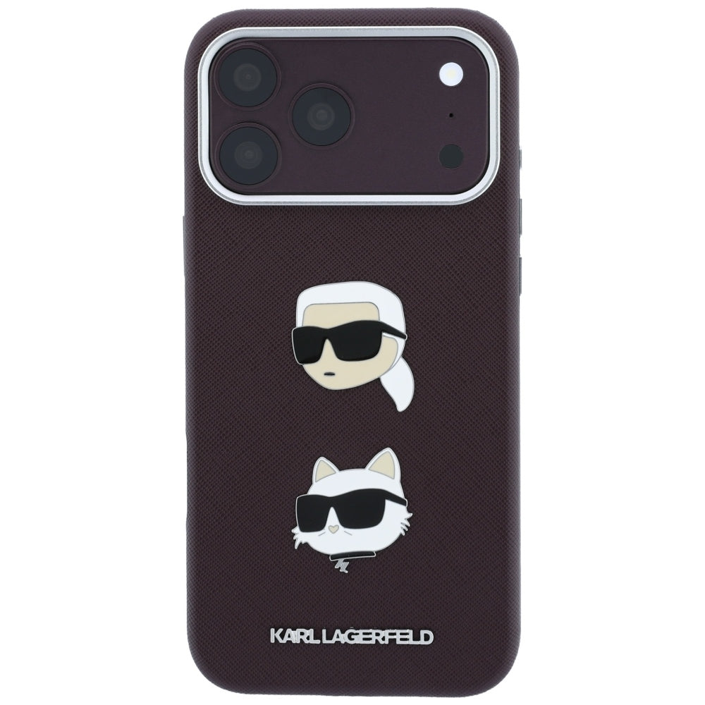 Funda para Apple iPhone 18 Pro / 17 Pro, Karl Lagerfeld, Saffiano con Pin de Cabeza de Karl & Choupette y Logo, Burdeos