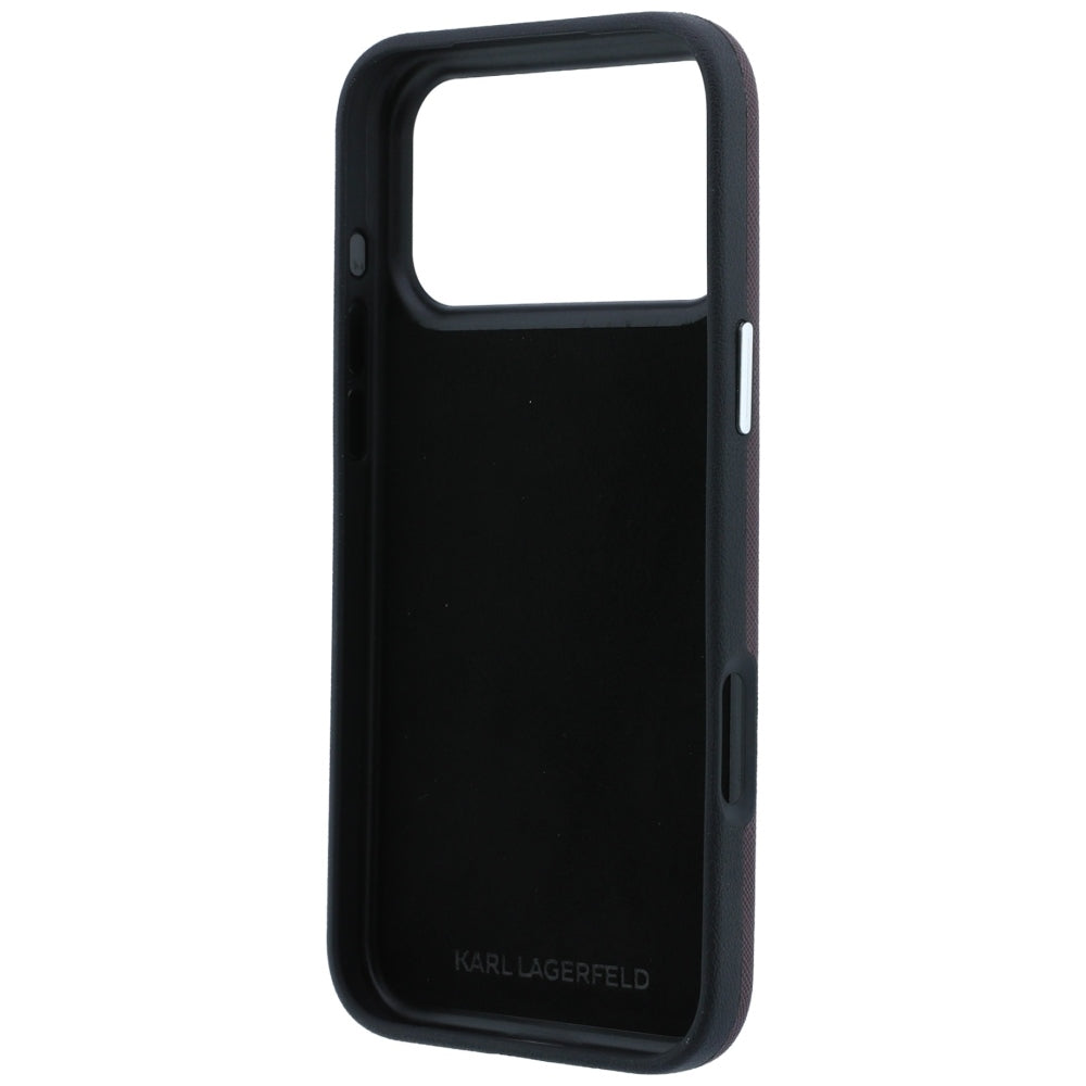 Funda para Apple iPhone 18 Pro / 17 Pro, Karl Lagerfeld, Saffiano con Pin de Cabeza de Karl & Choupette y Logo, Burdeos