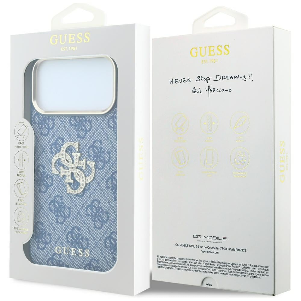 Funda para Apple iPhone 18 Pro Max / 17 Pro Max, Guess, 4G Big Strass Logo, Azul