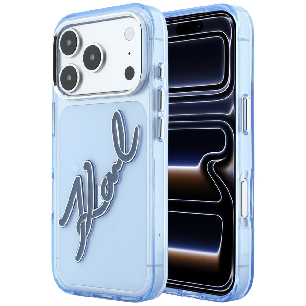 Funda para Apple iPhone 18 Pro Max / 17 Pro Max, Karl Lagerfeld, IML Big Signature Resin Logo Metal Frame, Azul