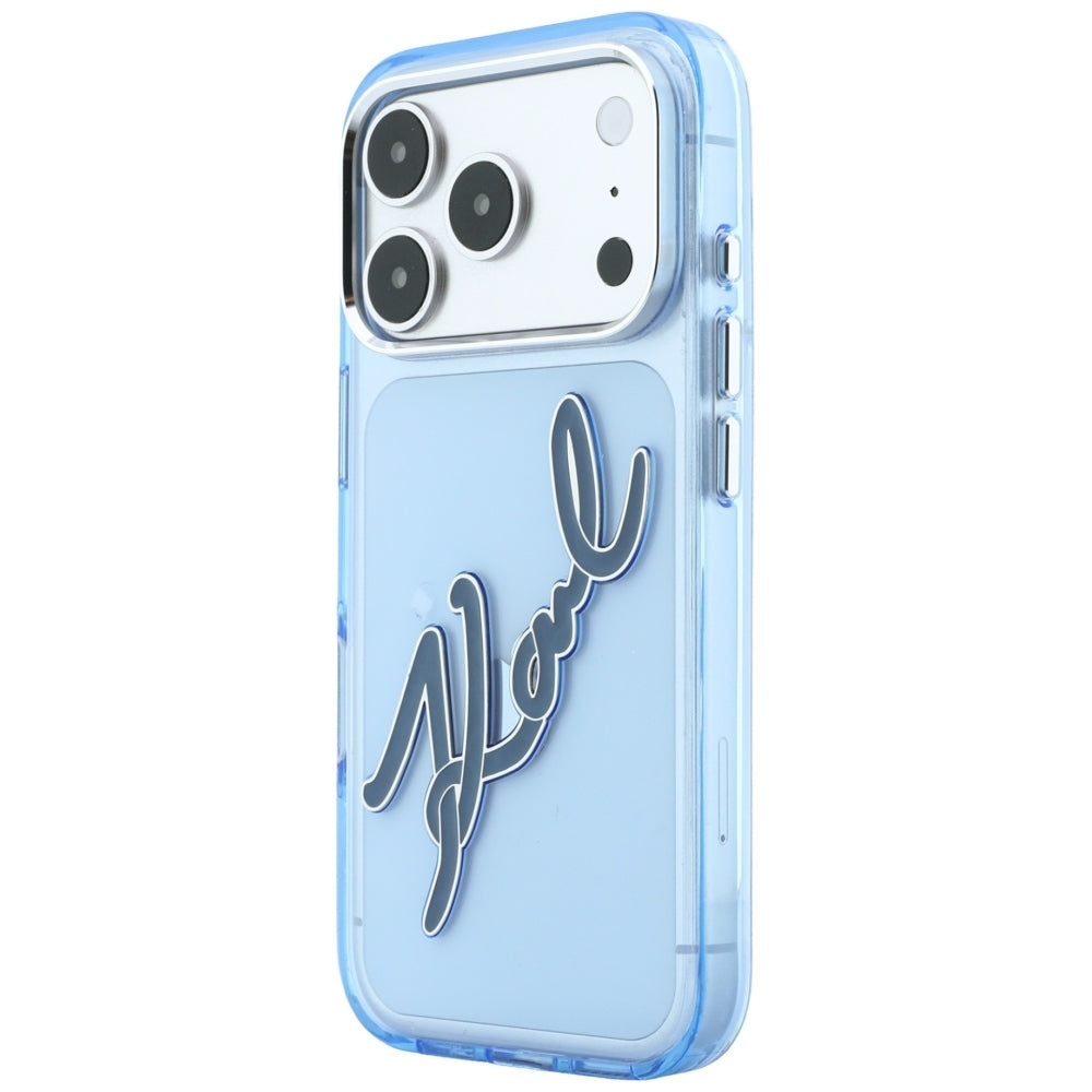 Funda para Apple iPhone 18 Pro Max / 17 Pro Max, Karl Lagerfeld, IML Big Signature Resin Logo Metal Frame, Azul